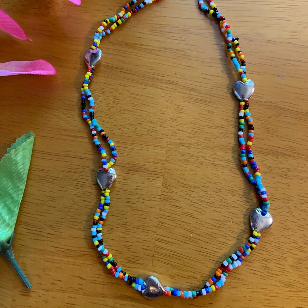 Hand-strung multicolor seed bead two strand necklace with silver tone hearts